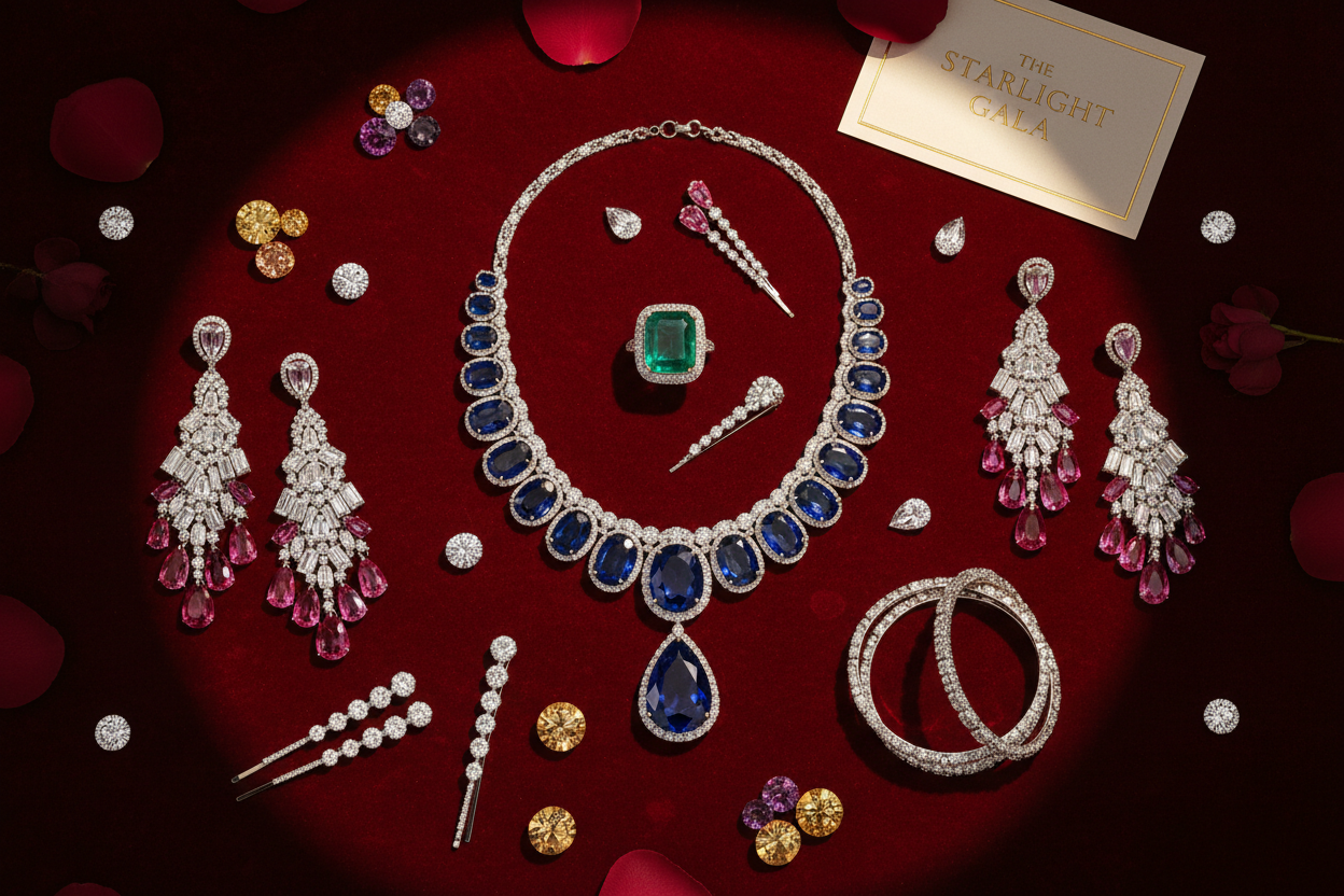 Glamorous flat lay of chandelier earrings, sapphire necklace, and emerald ring on deep red velvet fabric with dramatic lighting
