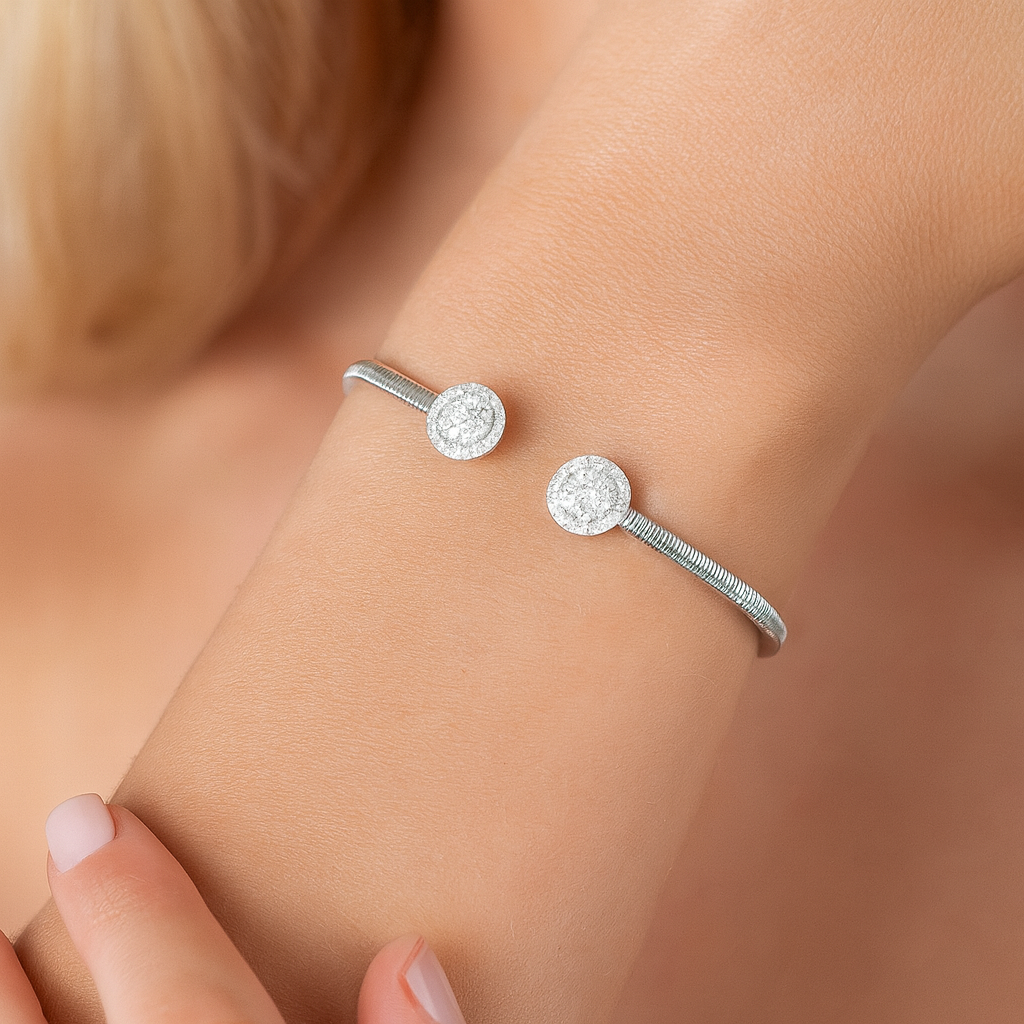 14K White Gold Round Diamond Cluster Bangle, 0.7ct