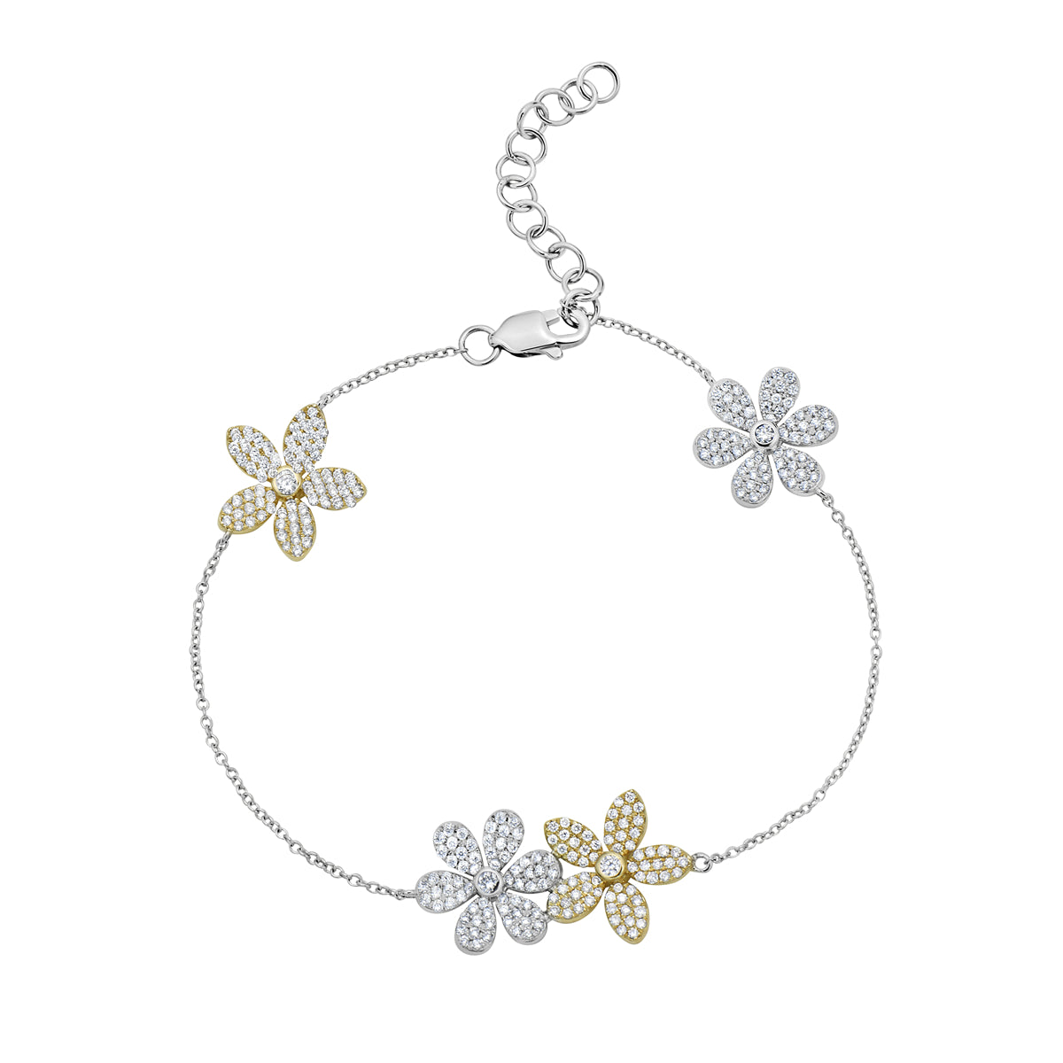14K White Gold Adjustable Flower Diamond Bracelet, 0.89ct