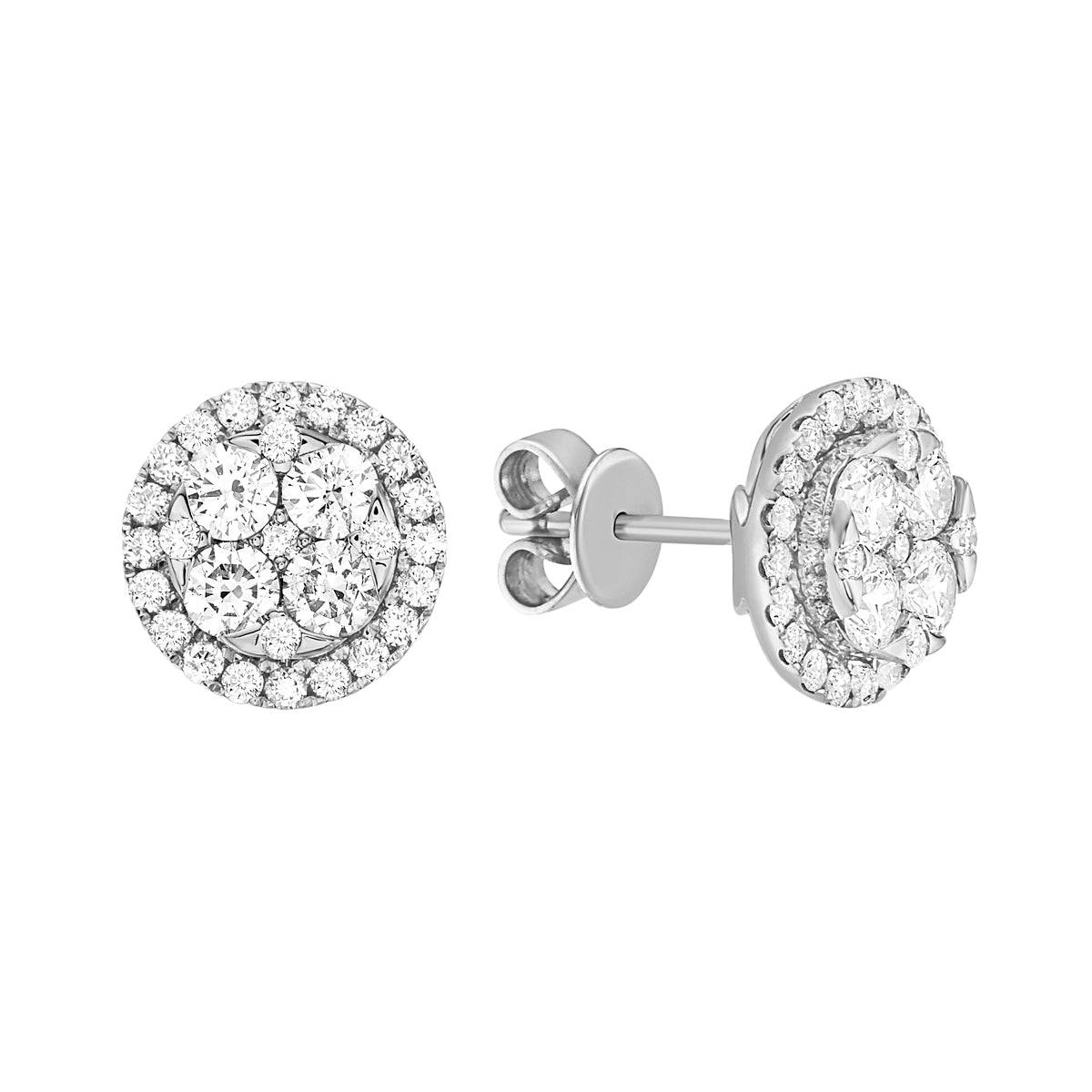 14K White Gold Round Shaped Diamond Cluster Circle Stud Earrings, 0.7ct