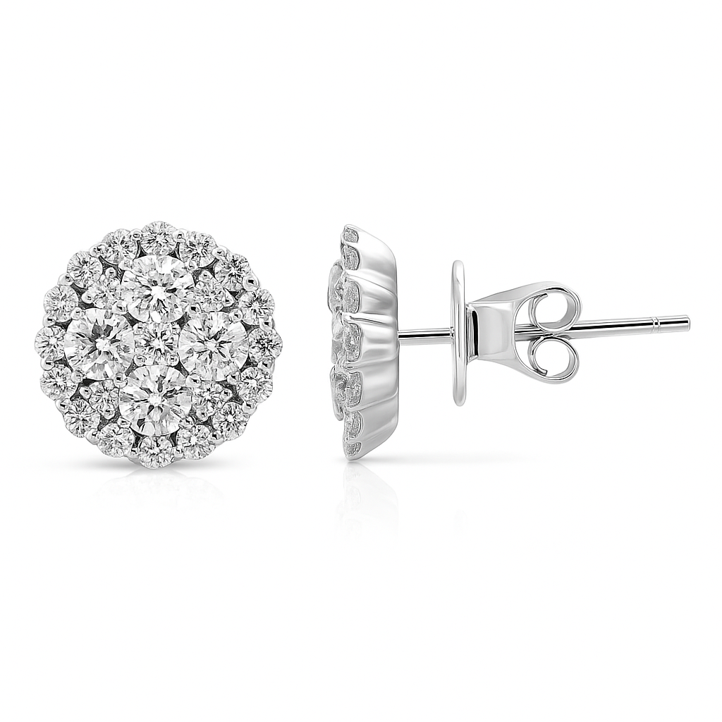 14K White Gold Lace Cluster Diamond Studs, 1.38ct