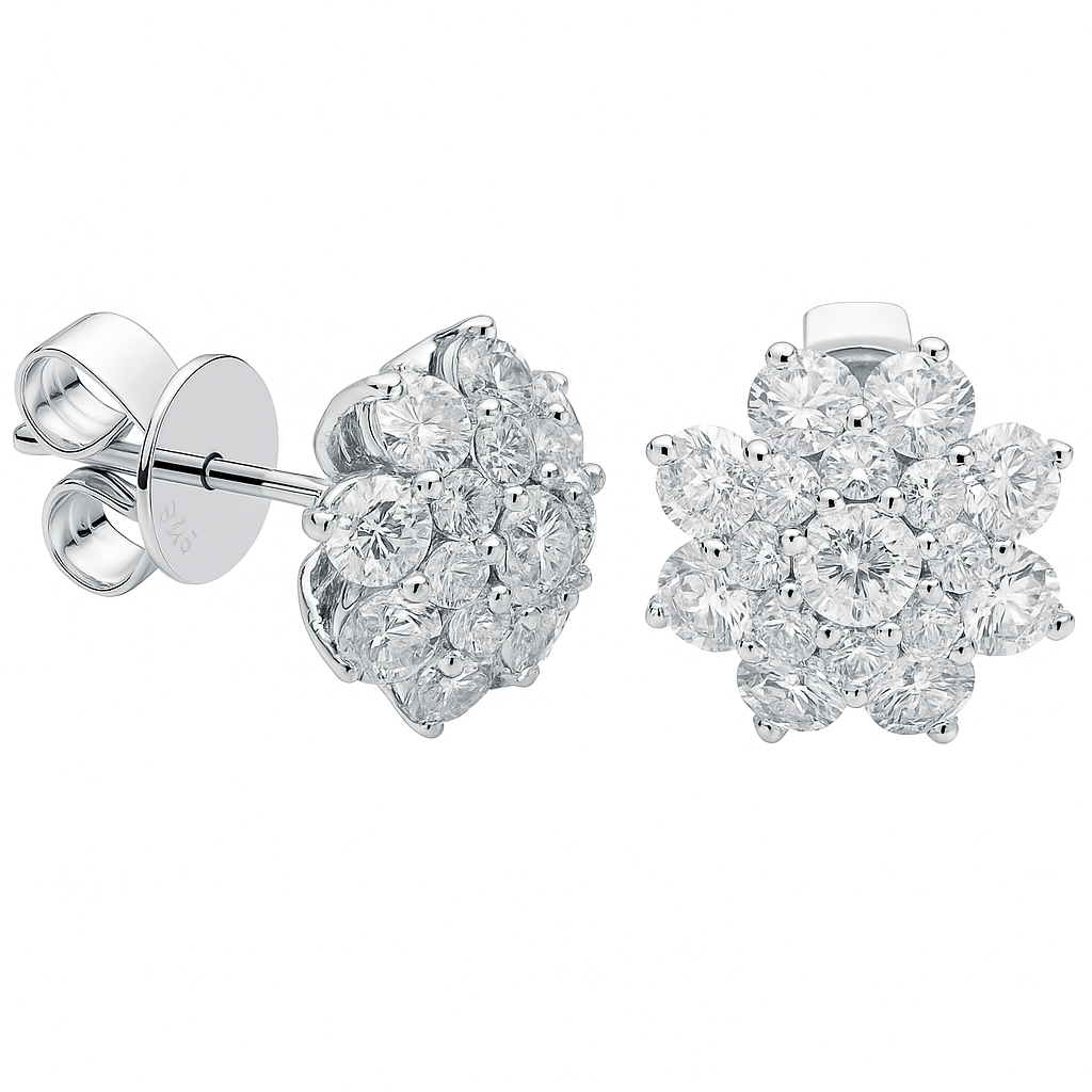 14K White Gold Flower Shape Diamond Studs, 2.1ct