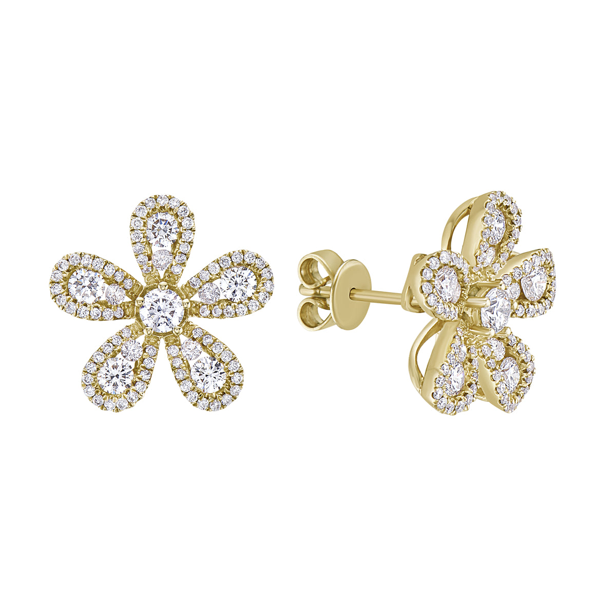 14K Yellow Gold Five Petal Diamond Studs, 1.05ct
