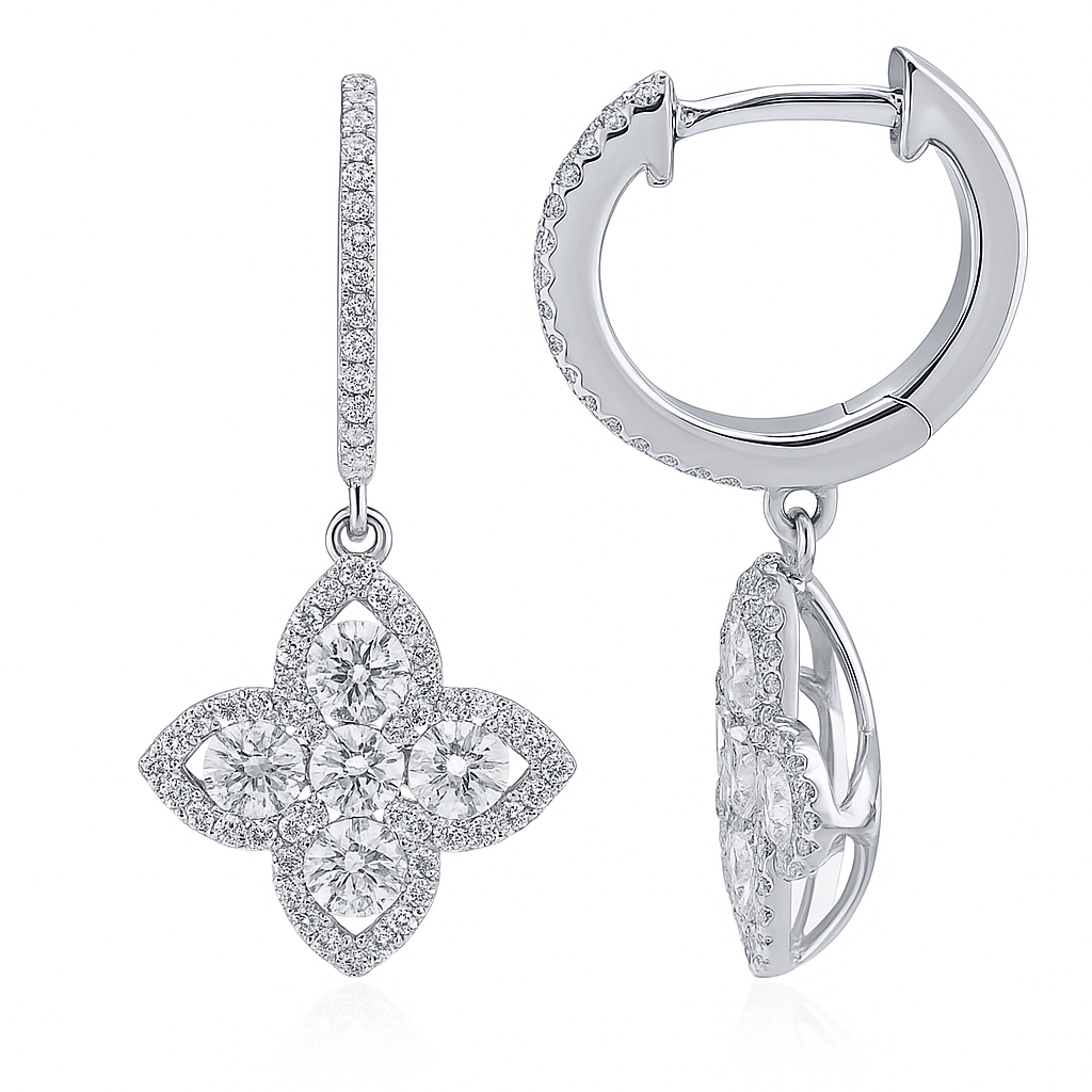 14K White Gold Clover Shape Dangle Diamond Earrings, 1.04ct