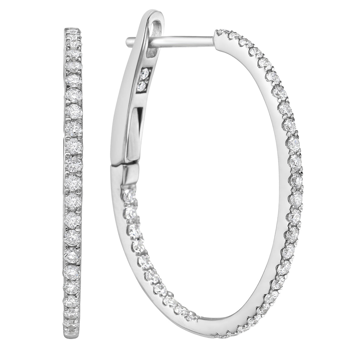 14K White Gold Inside and Out Diamond Hoop Earrings, 0.49ct