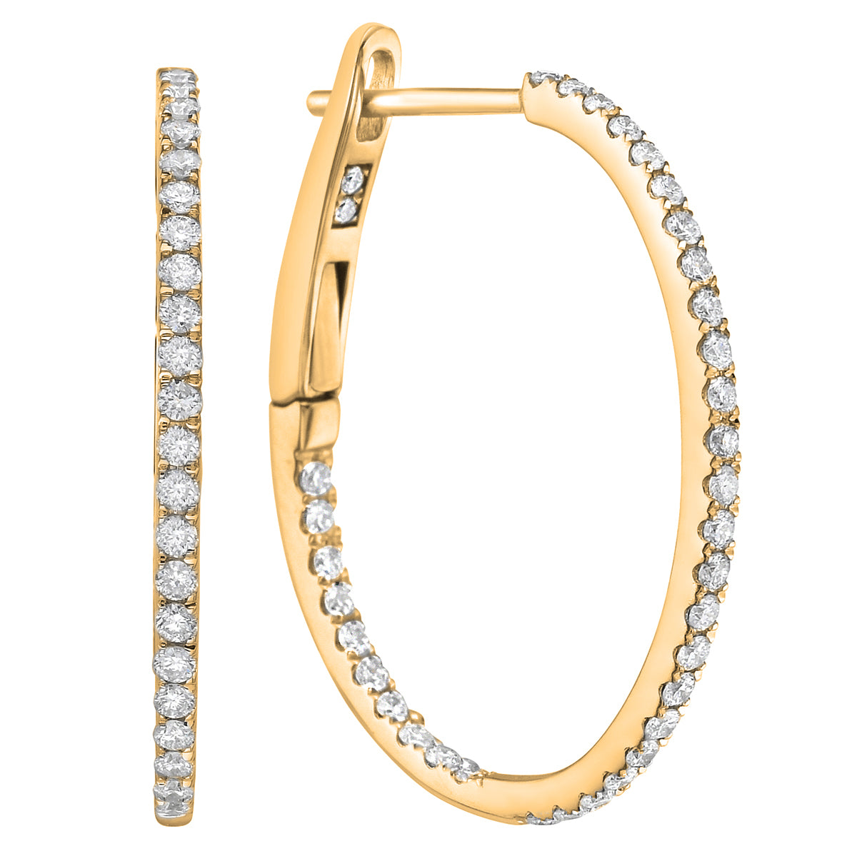 14K Yellow Gold Inside and Out Diamond Hoop Earrings, 0.65ct