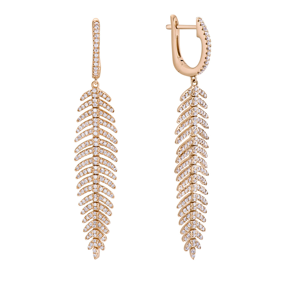 14K Rose Gold Dangle Diamond Leaf Earrings, 1.28ct