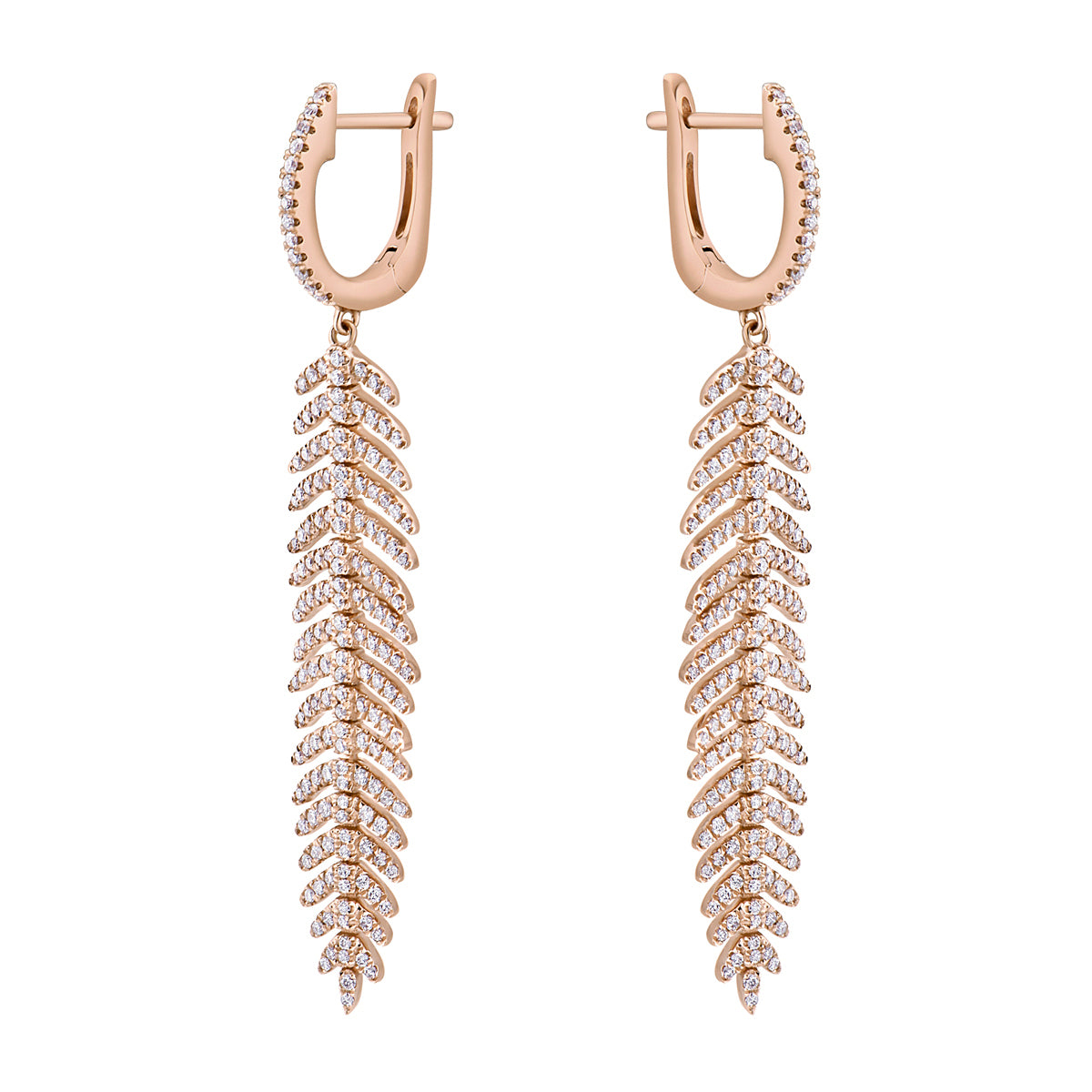 14K Rose Gold Dangle Diamond Leaf Earrings, 1.28ct