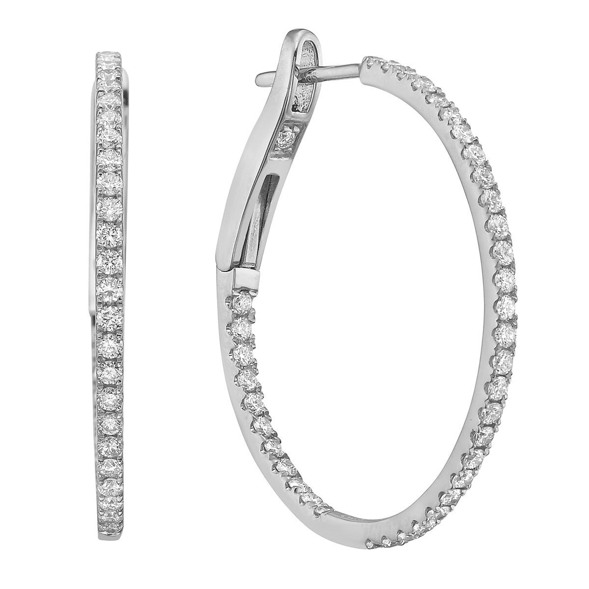 14K White Gold Inside and Out Diamond Hoop Earrings, 1 Inch, 0.65ct