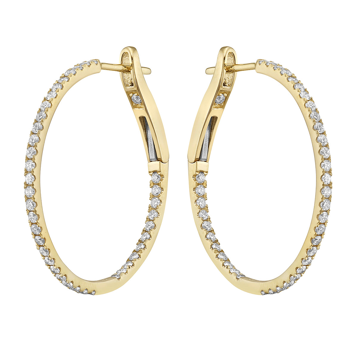 14K Yellow Gold Inside and Out Diamond Hoop Earrings, 1 Inch, 0.65ct
