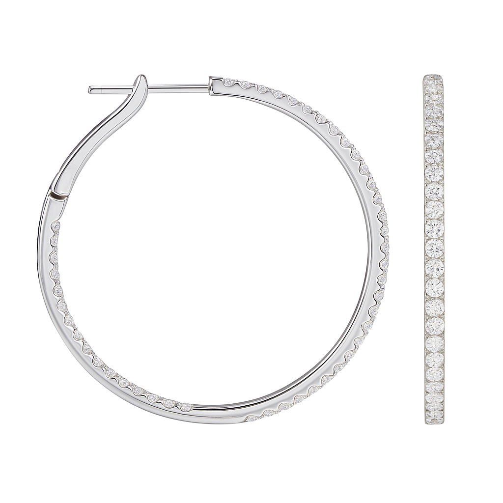 14K White Gold Inside and Out Diamond Hoop Earrings, 1.25 Inch, 0.82ct