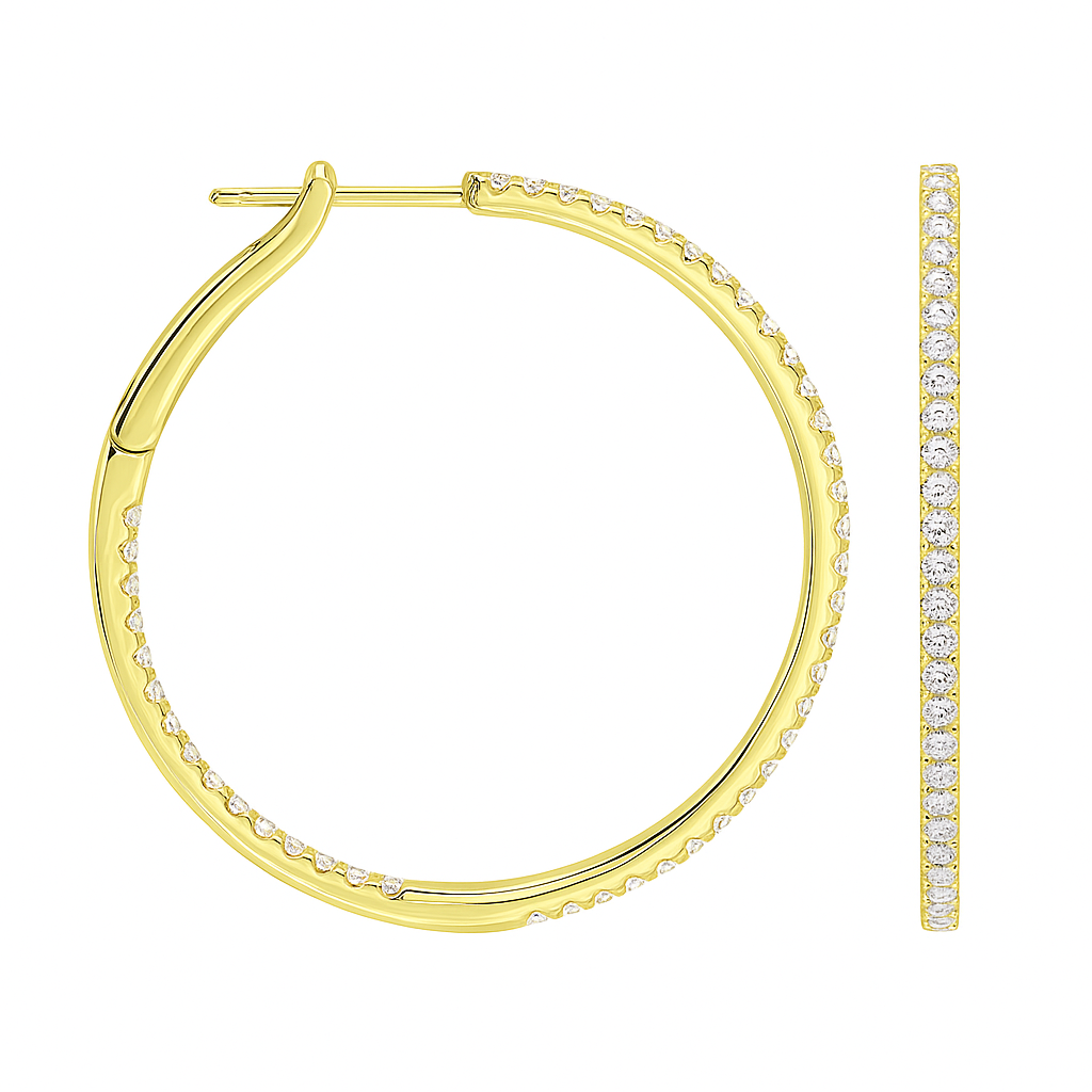 14K Yellow Gold Inside and Out Diamond Hoop Earrings, 1.25 Inch, 0.82ct