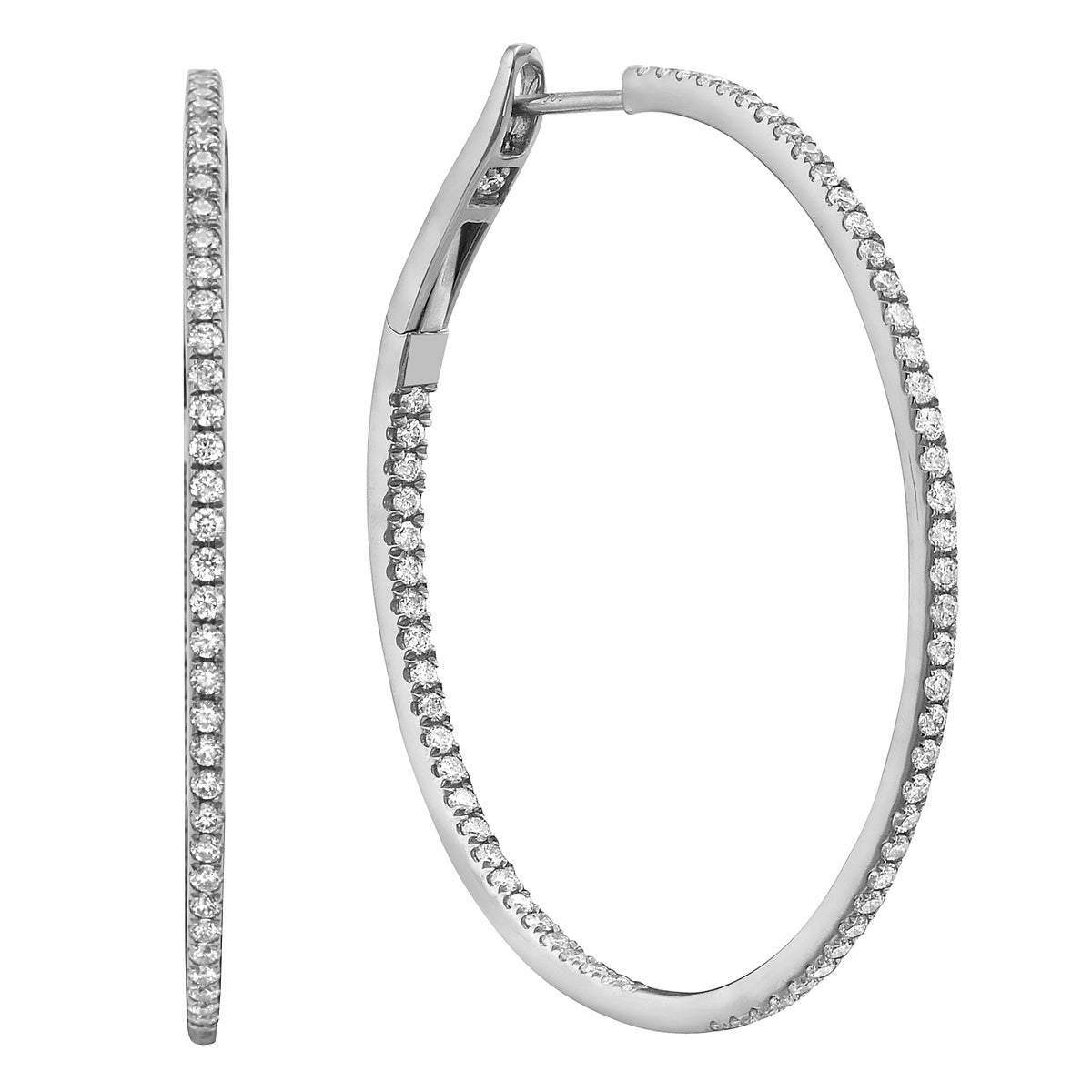 14K White Gold Inside and Out Diamond Hoop Earrings, 1.5 Inch, 0.99ct