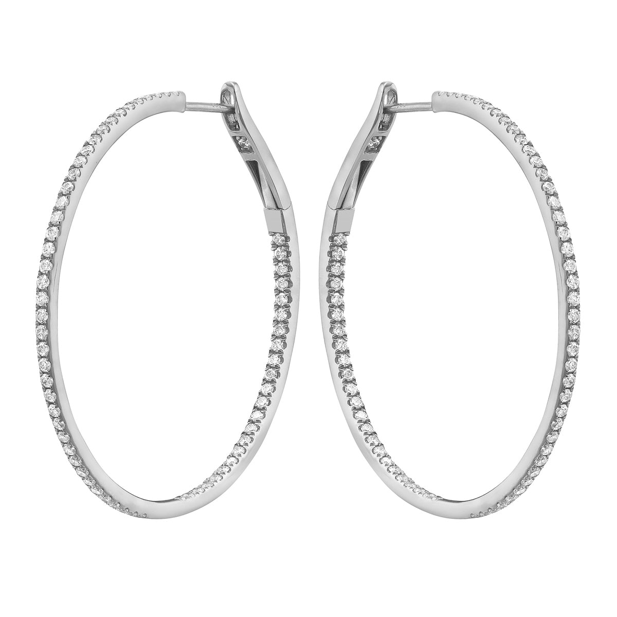 14K White Gold Inside and Out Diamond Hoop Earrings, 1.5 Inch, 0.99ct