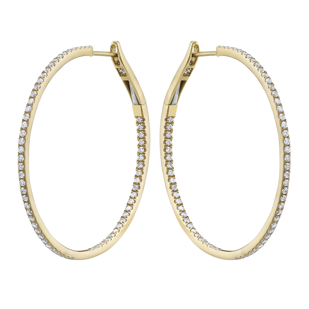 14K Yellow Gold Inside and Out Diamond Hoop Earrings, 1.5 Inch, 0.99ct