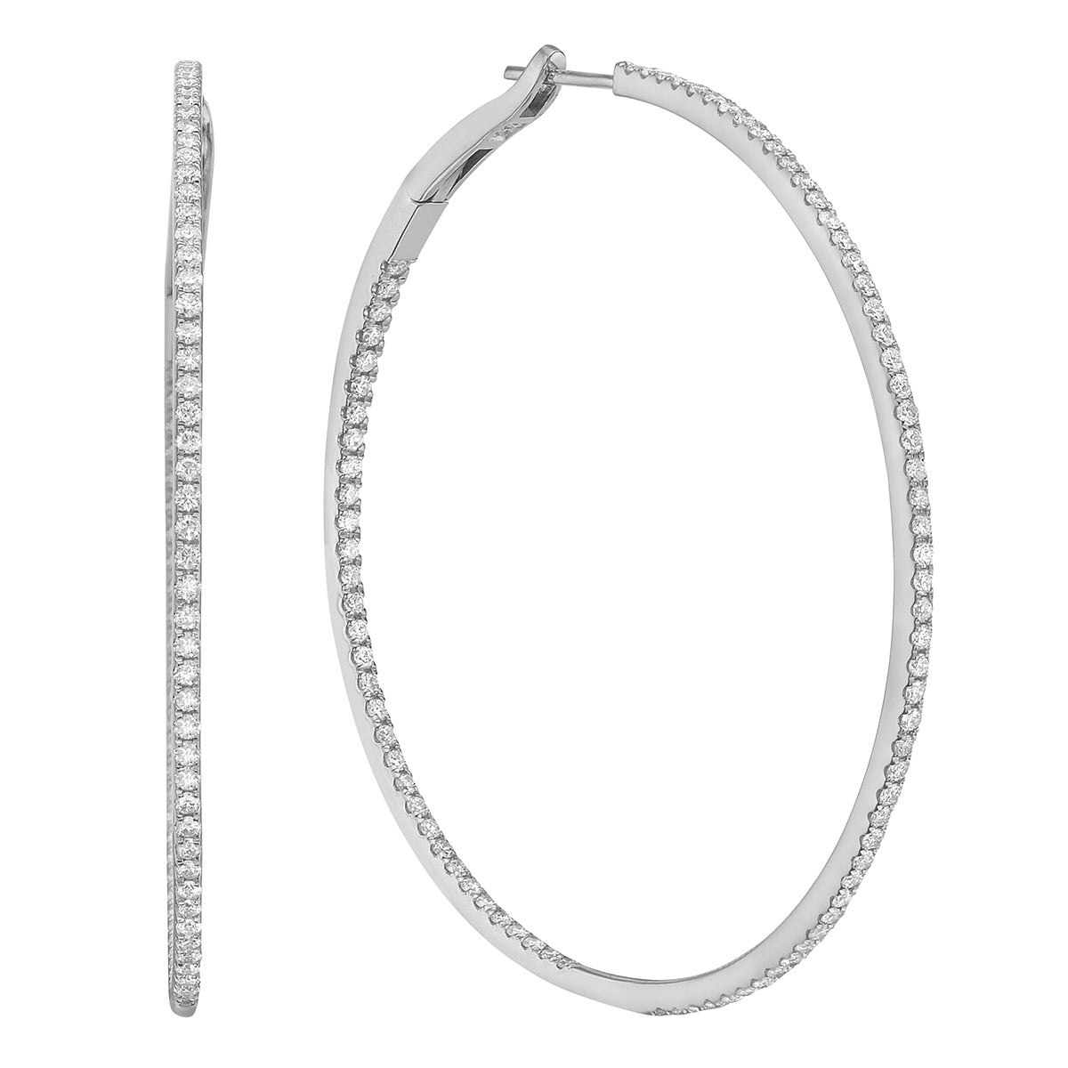 14K White Gold Inside and Out Diamond Hoop Earrings, 2 Inch, 1.34ct