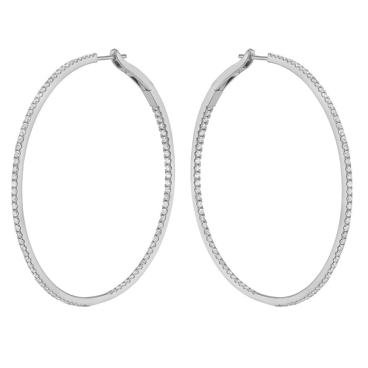 14K White Gold Inside and Out Diamond Hoop Earrings, 2 Inch, 1.34ct
