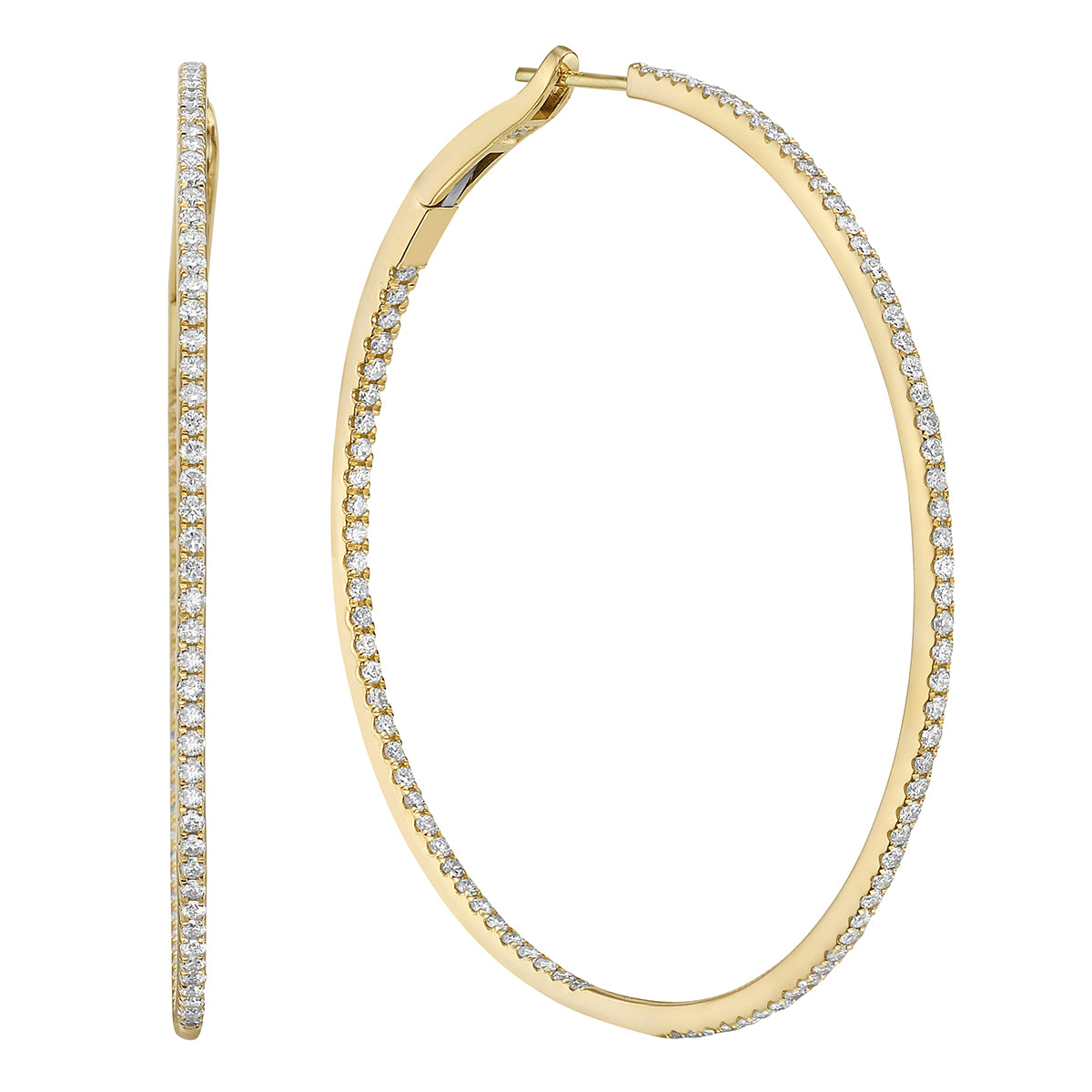 14K Yellow Gold Inside and Out Diamond Hoop Earrings, 2 Inch, 1.34ct