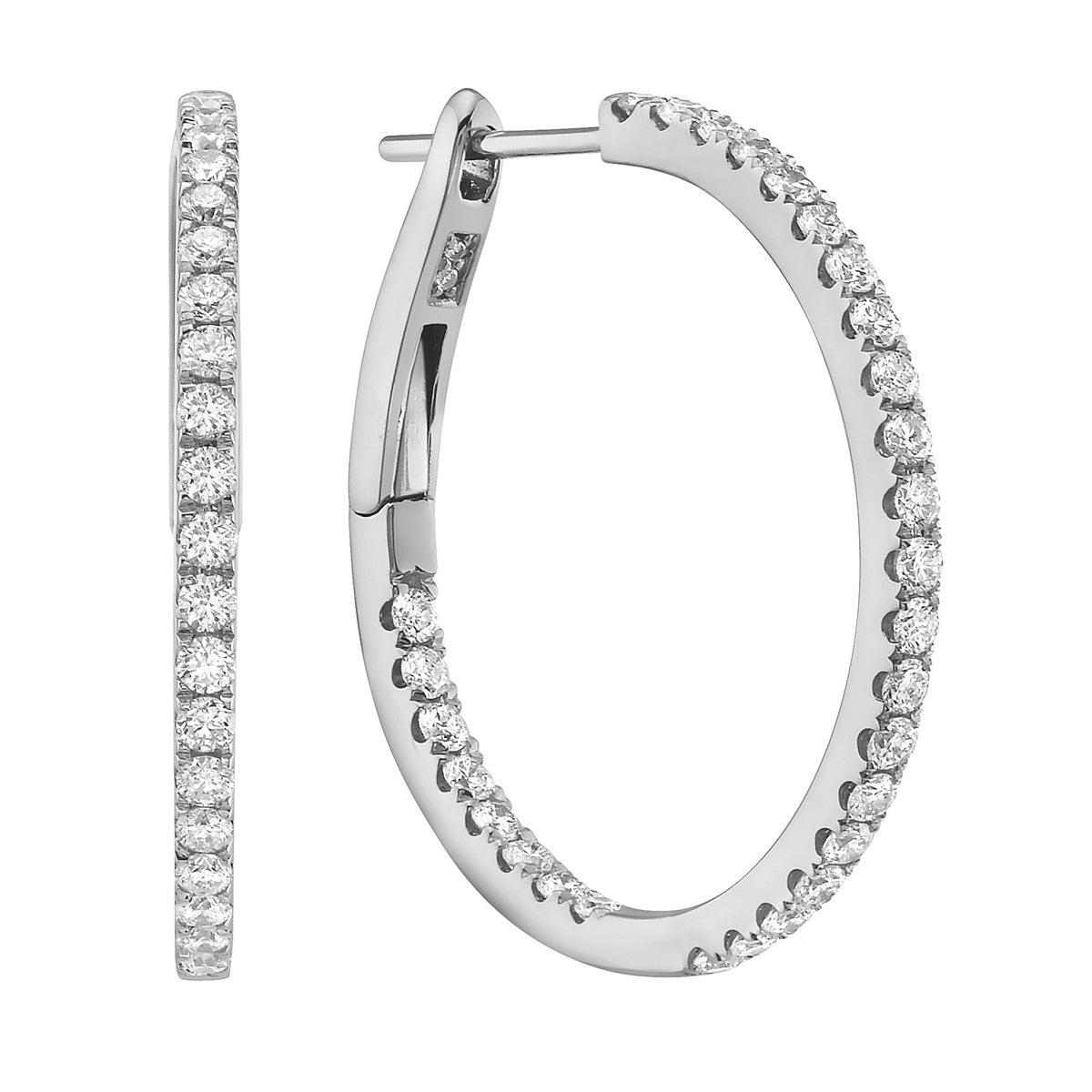 14K White Gold Inside and Out Diamond Hoop Earrings, 1 Inch, 1.02ct