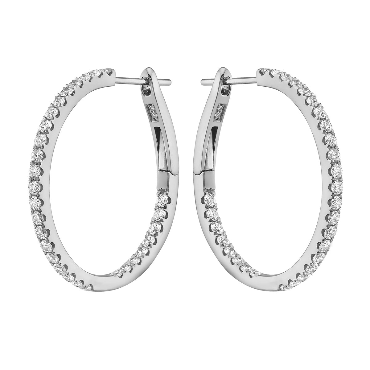 14K White Gold Inside and Out Diamond Hoop Earrings, 1 Inch, 1.02ct