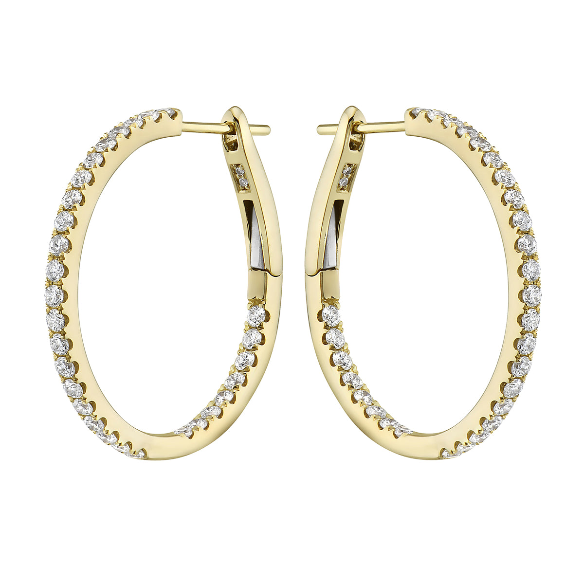 14K Yellow Gold Inside and Out Diamond Hoop Earrings, 1 Inch, 1.02ct