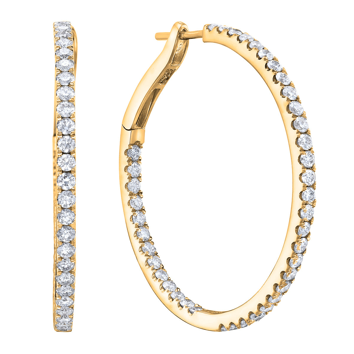 14K Yellow Gold Insdie and Out Diamond Hoop Earrings, 1.25 Inch, 1.41ct