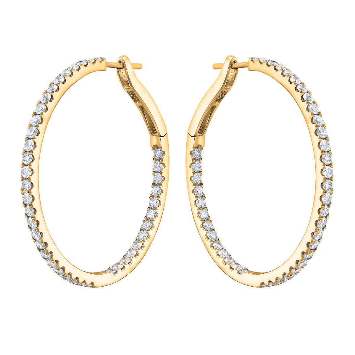 14K Yellow Gold Insdie and Out Diamond Hoop Earrings, 1.25 Inch, 1.41ct