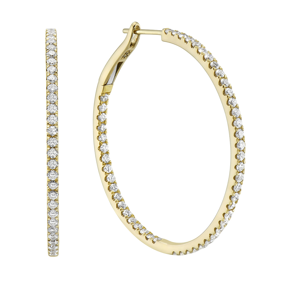 14K Yellow Gold Insdie and Out Diamond Hoop Earrings, 1.5 Inch, 1.76ct