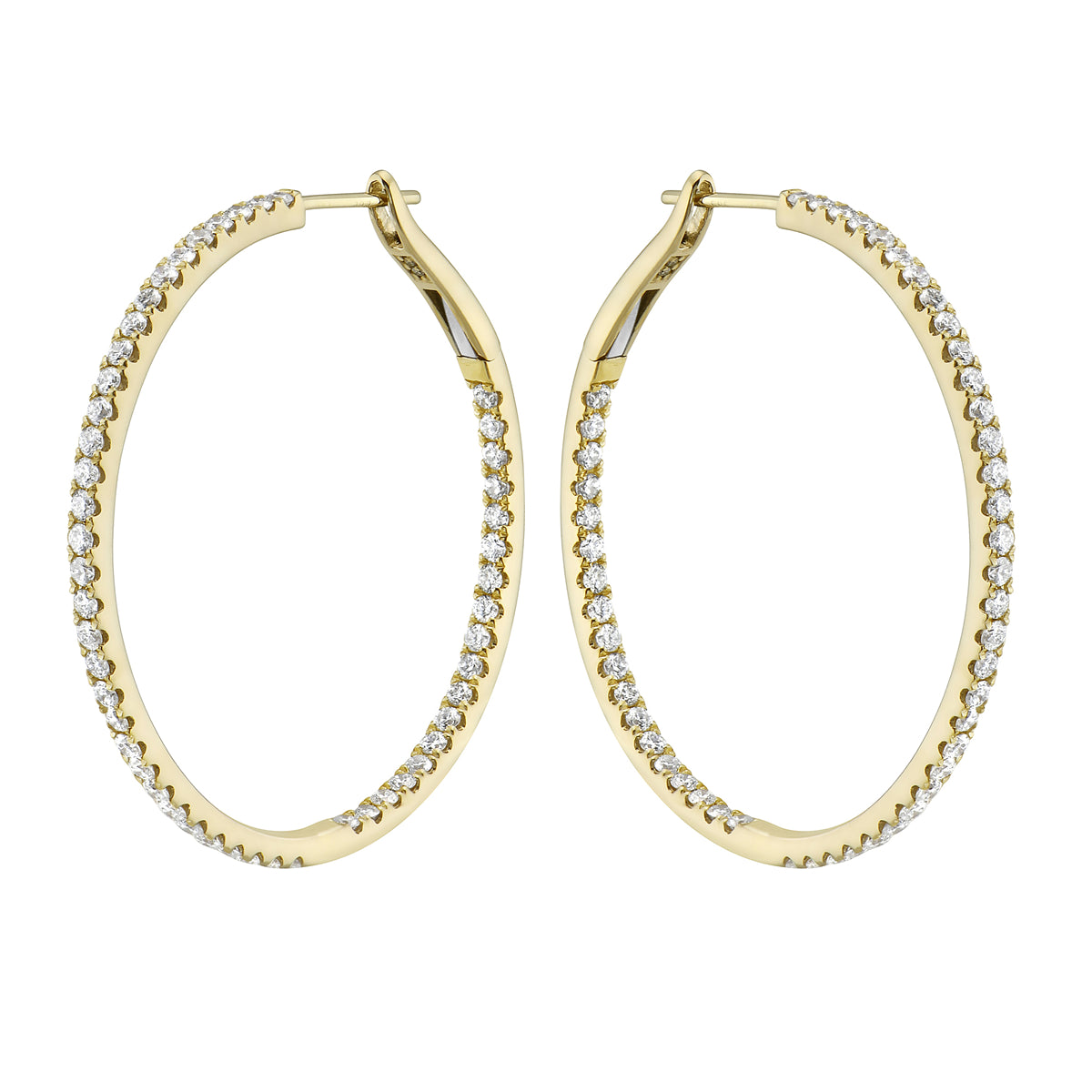 14K Yellow Gold Insdie and Out Diamond Hoop Earrings, 1.5 Inch, 1.76ct