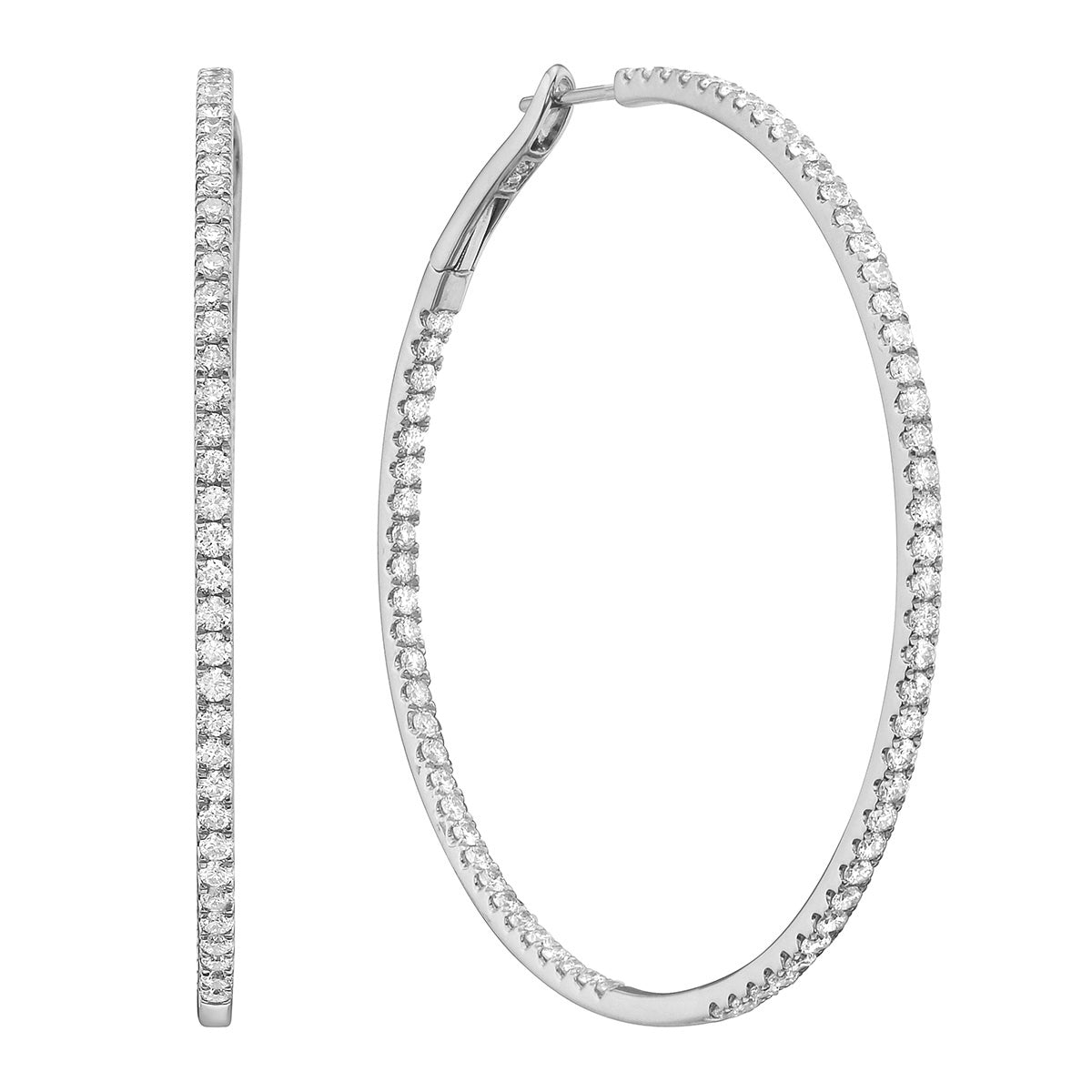 14K White Gold Inside and Out Diamond Hoop Earrings, 2 Inch, 2.3ct