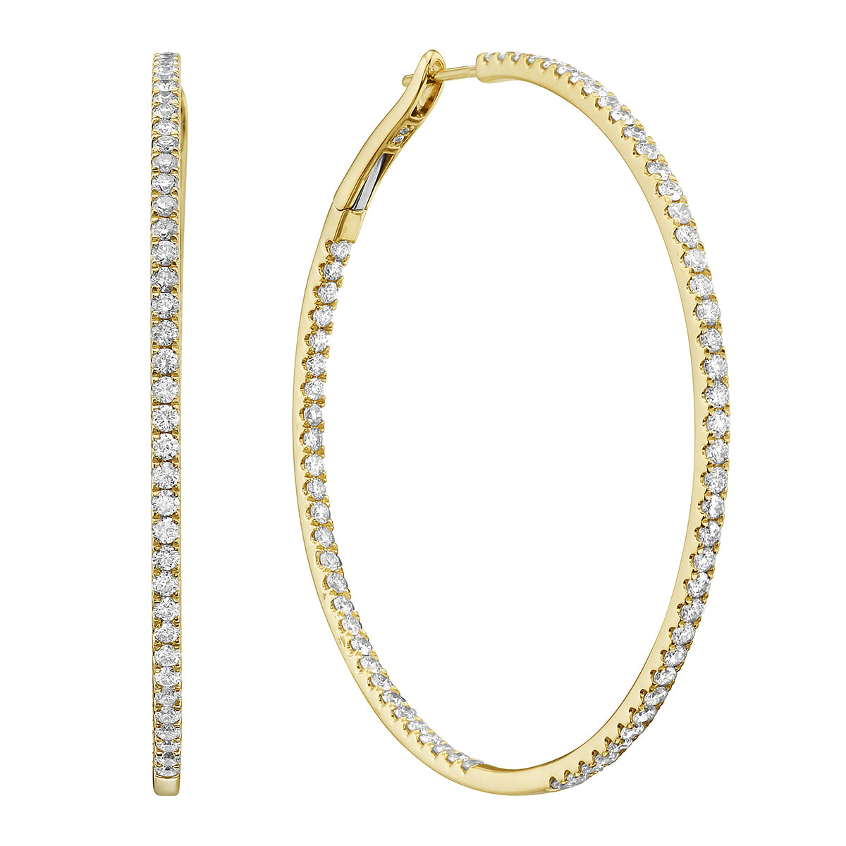 14K Yellow Gold Insdie and Out Diamond Hoop Earrings, 2 Inch, 2.3ct