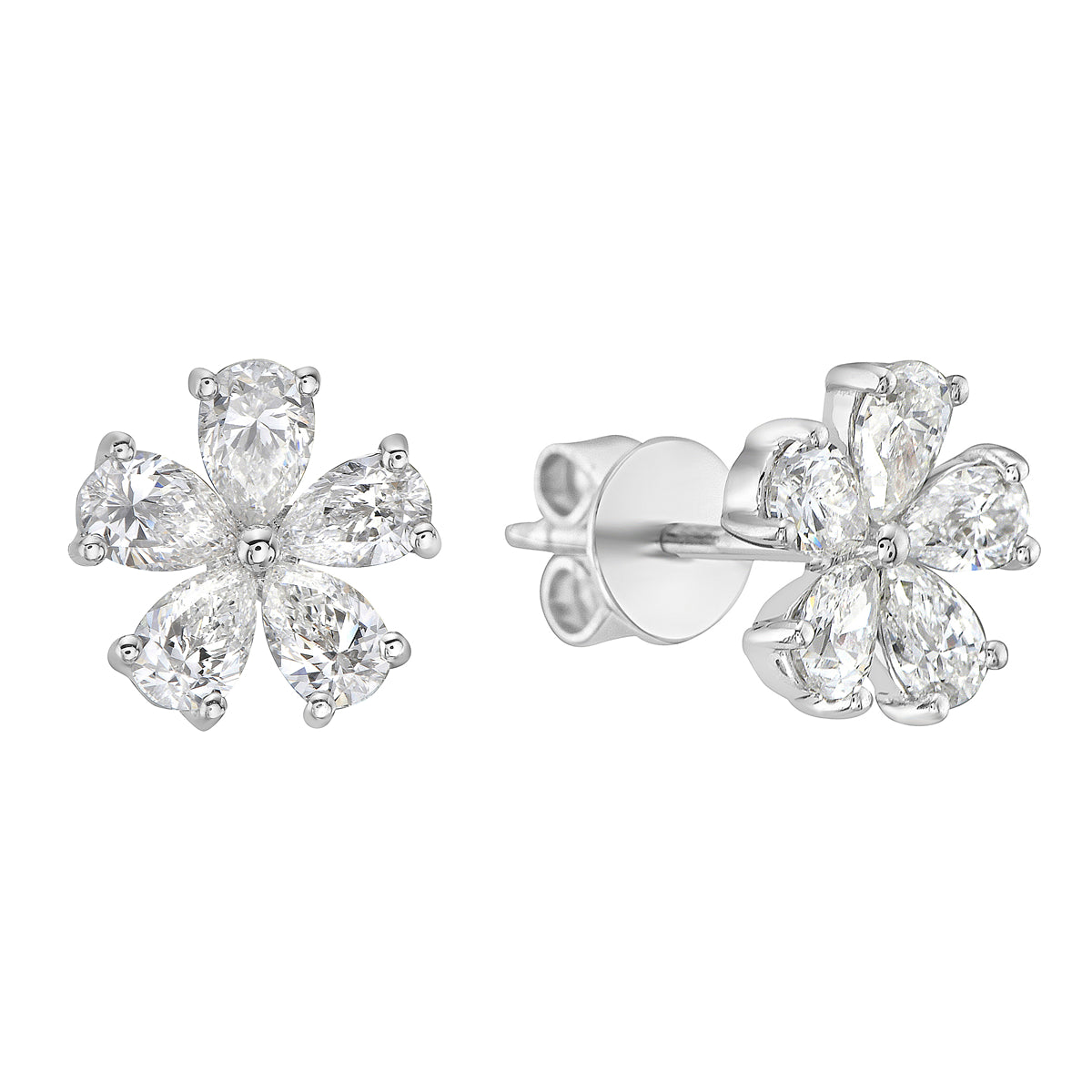 14K White Gold Five Pear Shape Diamond Flower Studs, 0.89ct