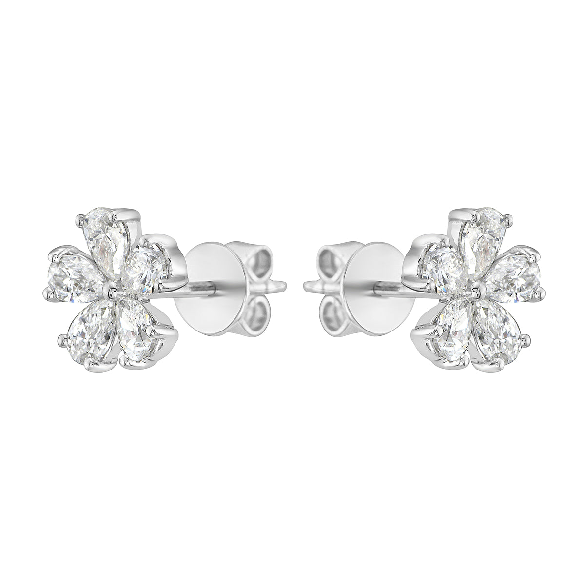 14K White Gold Five Pear Shape Diamond Flower Studs, 0.89ct