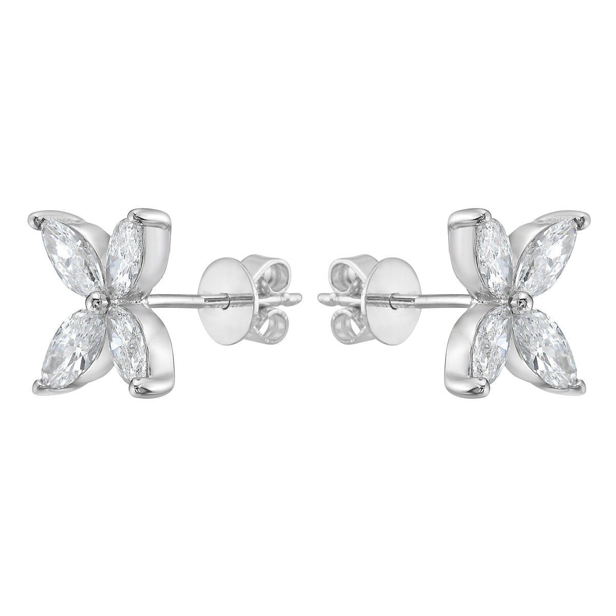 14K White Gold Marquise Diamond Flower Studs, 1.34ct