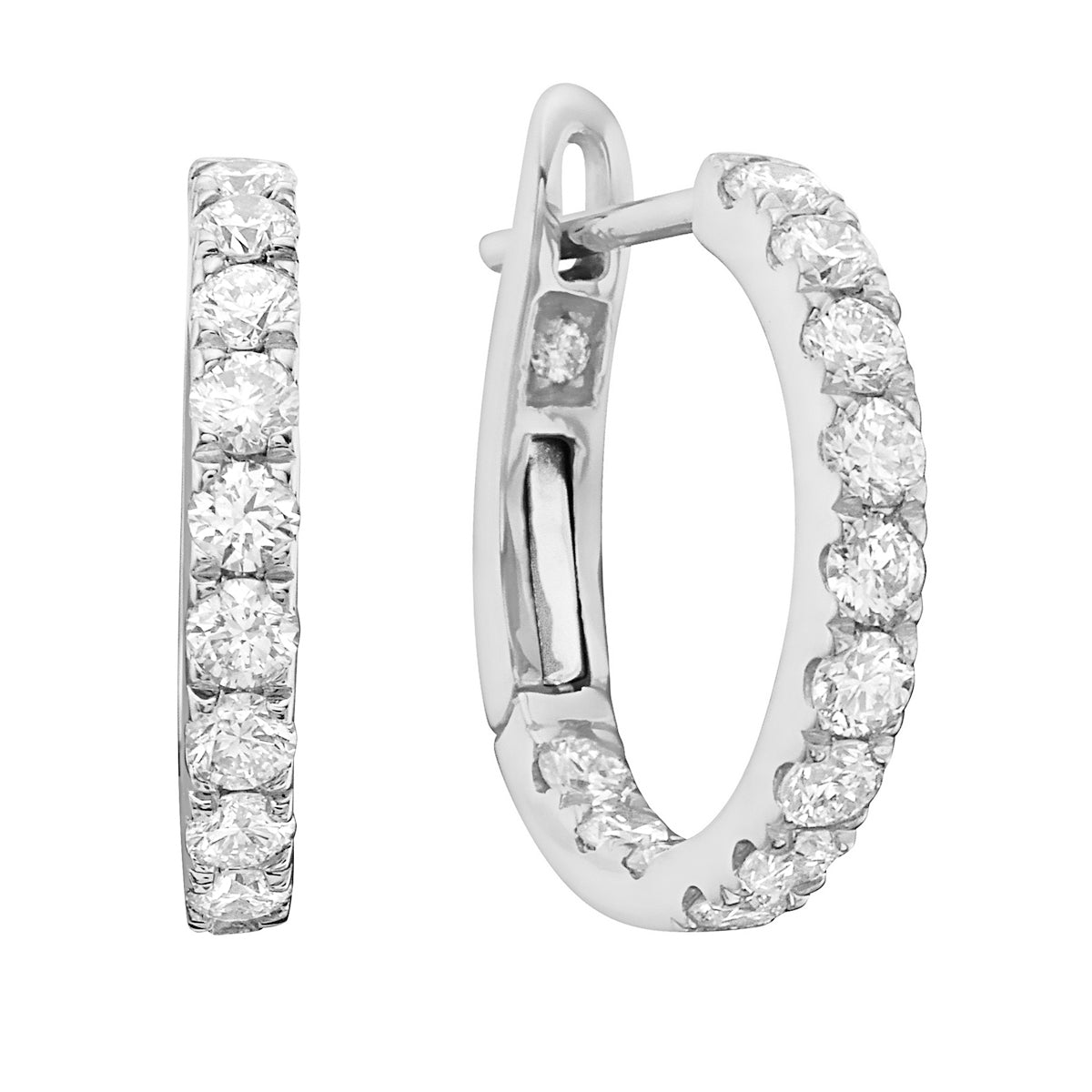14K White Gold Classic Round Huggies - XL, 0.85ct