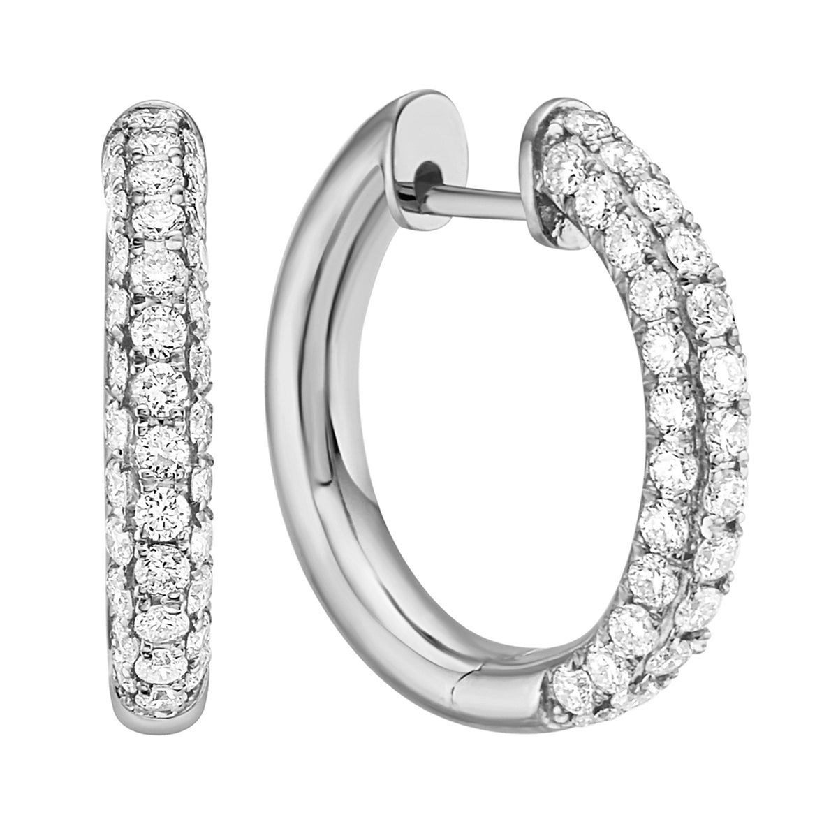 14K White Gold Diamond Huggie Hoop Earings, 1.08ct