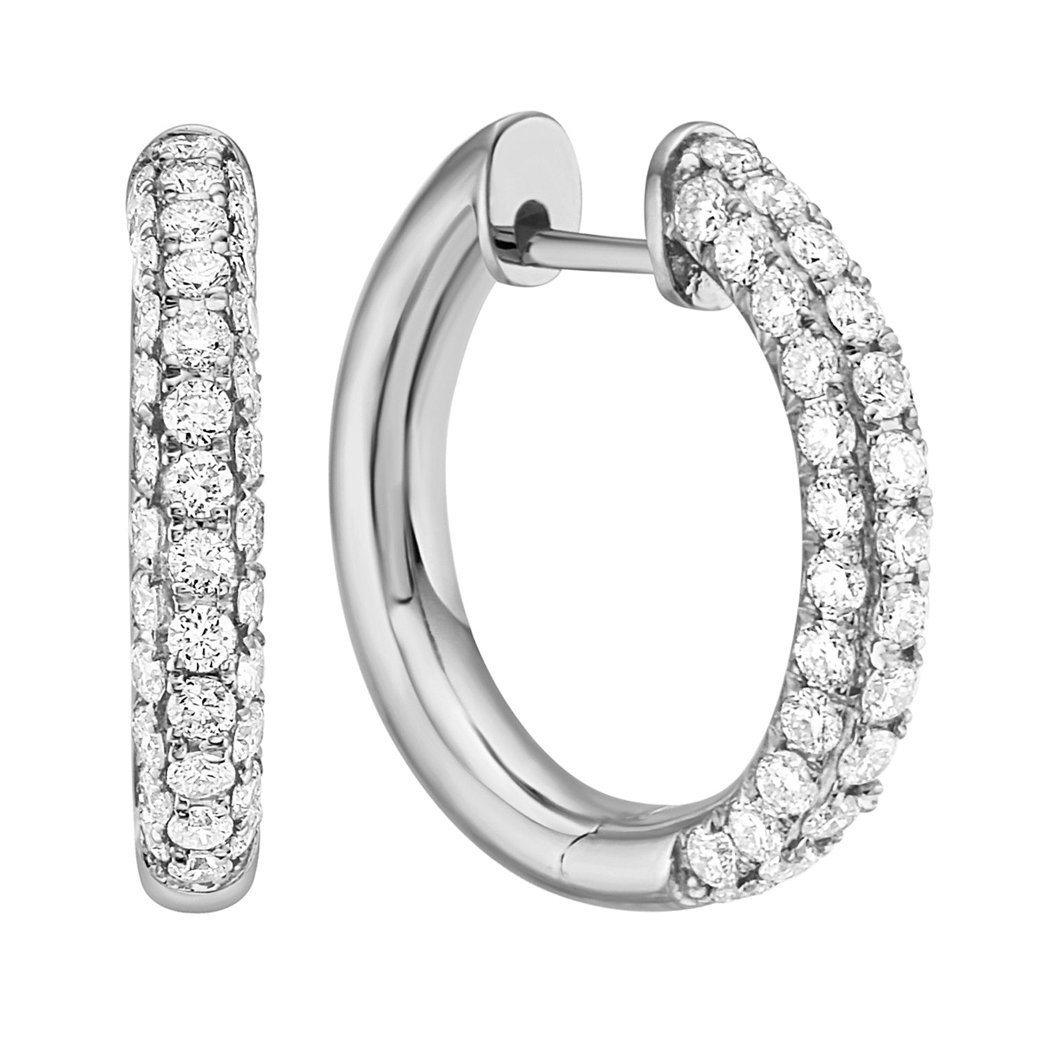 14K White Gold Diamond Huggie Hoop Earings, 1.08ct