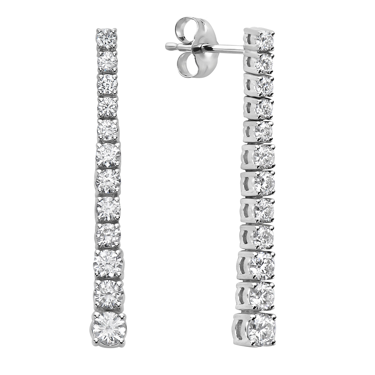 14K White Gold Single Row Drop Diamond Earrings, 2.1ct
