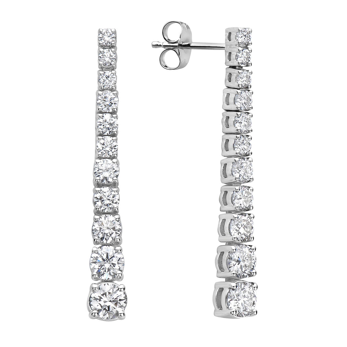 14K White Gold Single Row Drop Diamond Earrings, 2.5ct