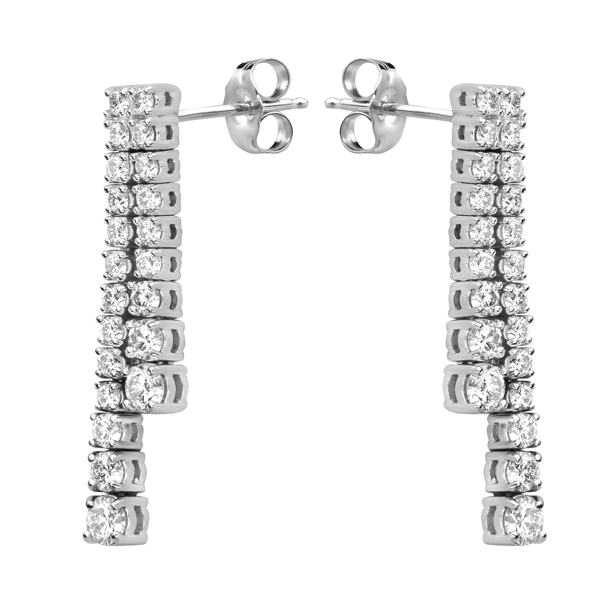 14K White Gold Double Row Drop Diamond Earrings, 3.83ct