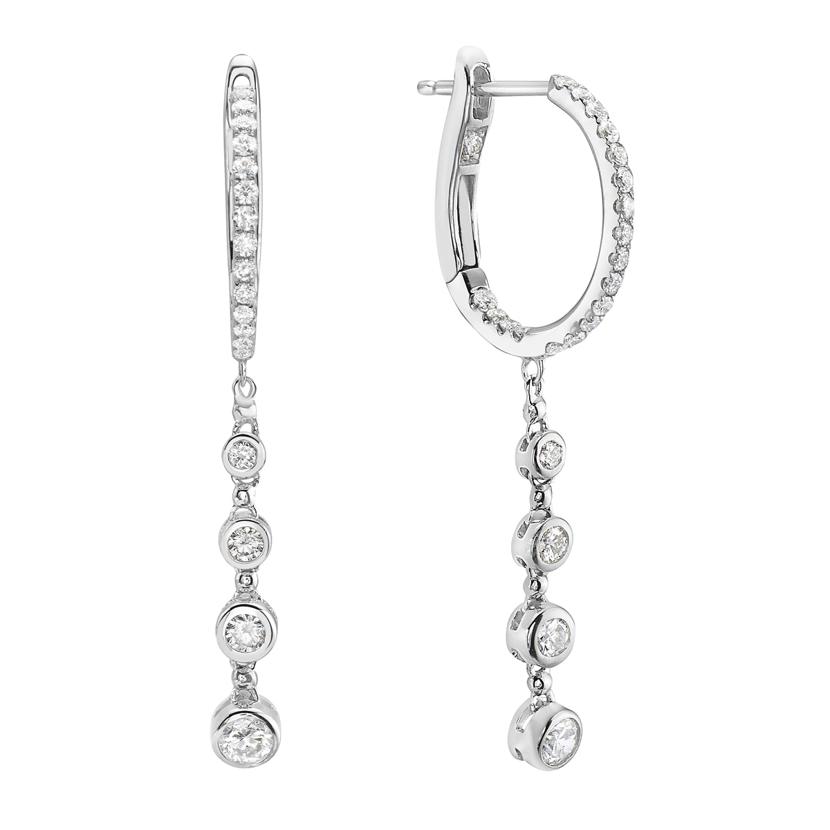 14K White Gold Bezel Set Diamond Dangle Hoop Earrings, 0.86ct