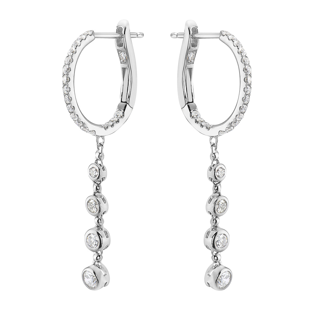 White Gold Bezel Set Diamond Dangle Hoop Earrings