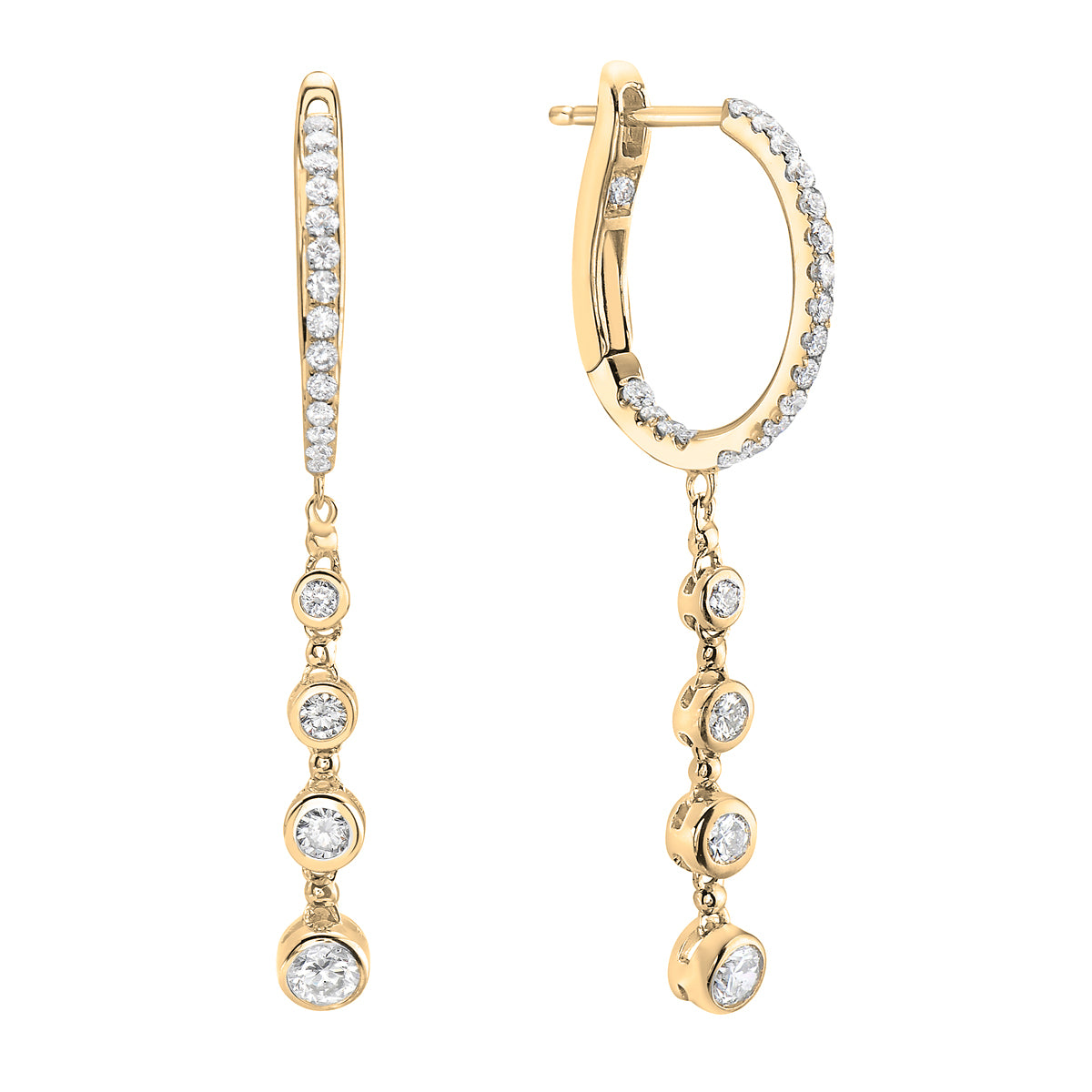 14K Yellow Gold Bezel Set Diamond Dangle Hoop Earrings, 0.86ct