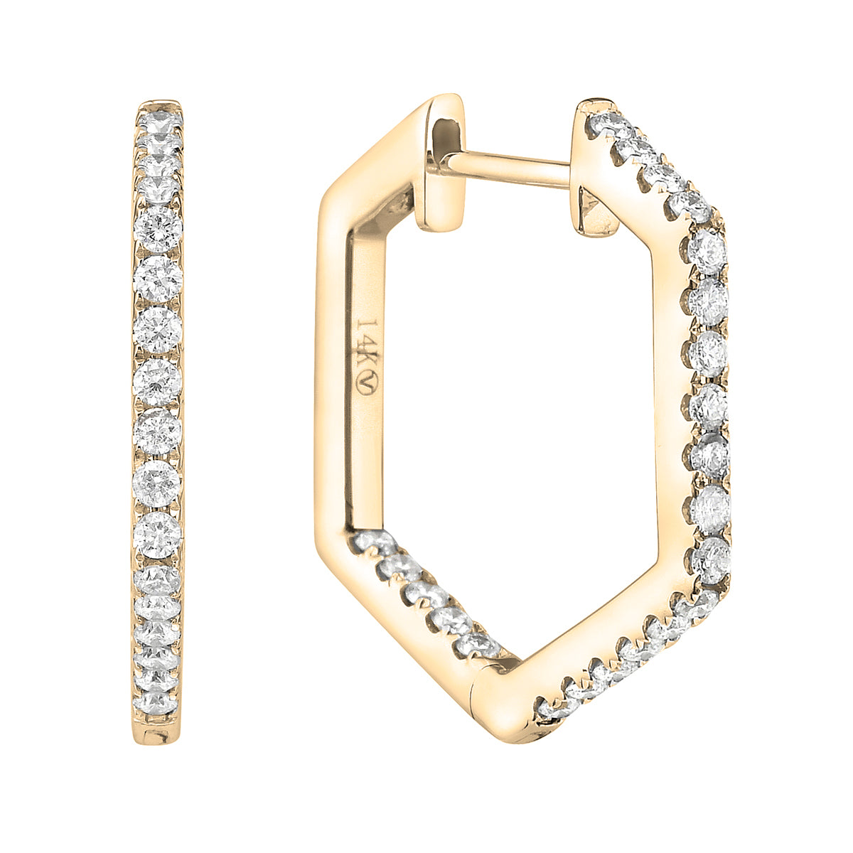 Yellow Gold Hexagon Diamond Hoop Earrings