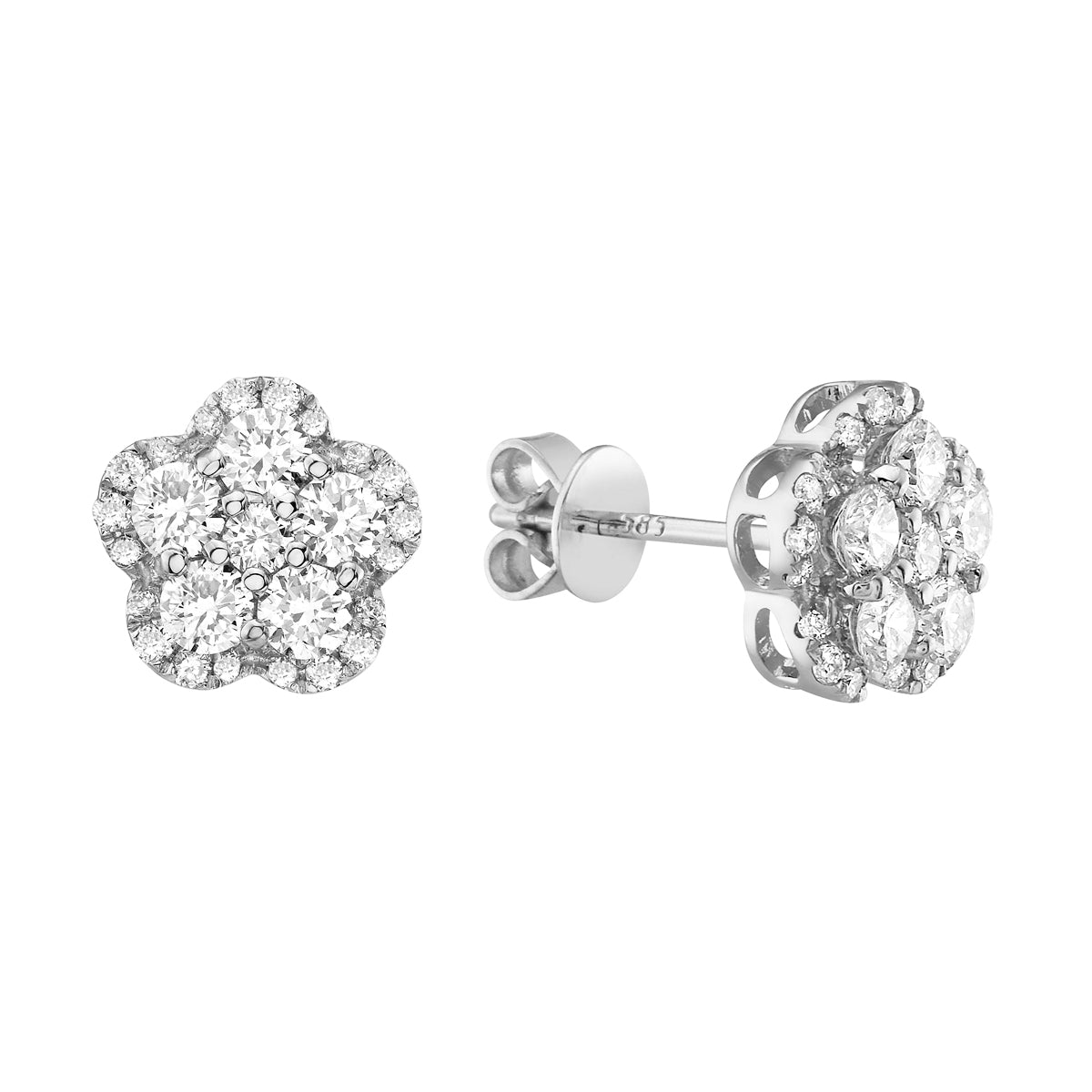 White Gold Flower Diamond Studs, 0.98ct