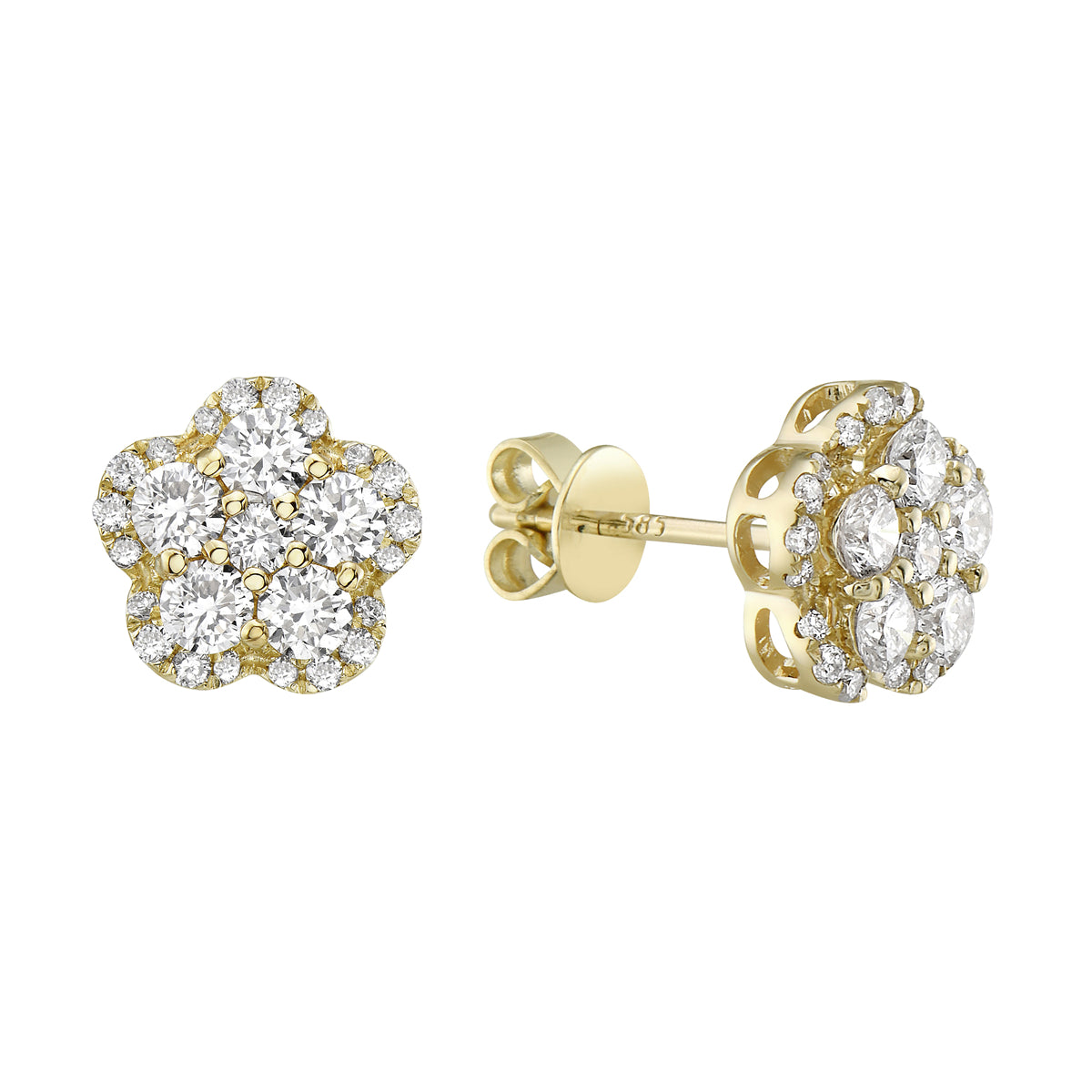 Yellow Gold Flower Diamond Studs, 0.98ct