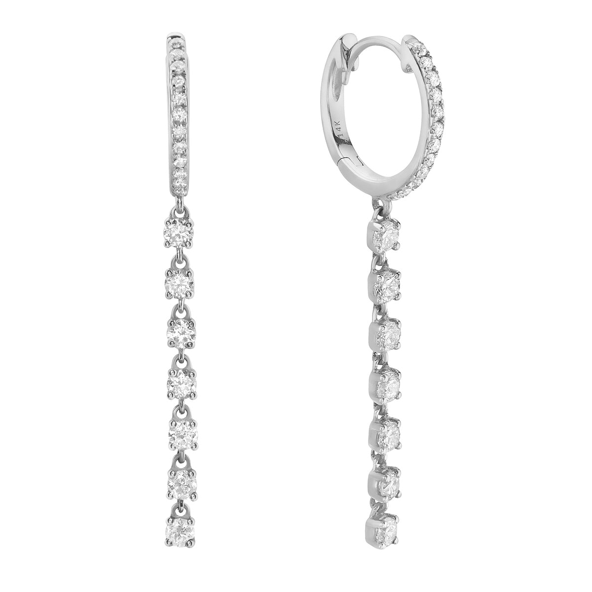 White Gold Round Diamond Hoop Dangle Earrings, 0.93ct