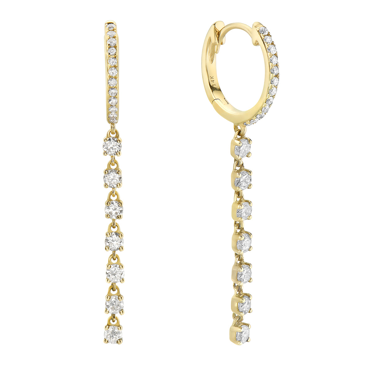 Yellow Gold Round Diamond Hoop Dangle Earrings, 0.93ct