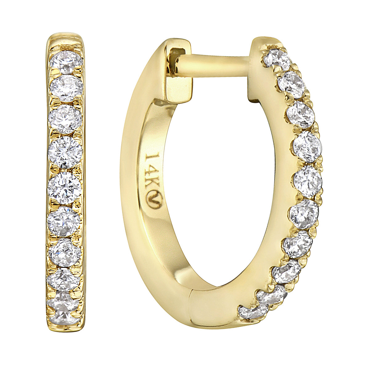 0.14 CT Yellow Gold 12mm Diamond Huggie Earrings - Small, 0.14ct