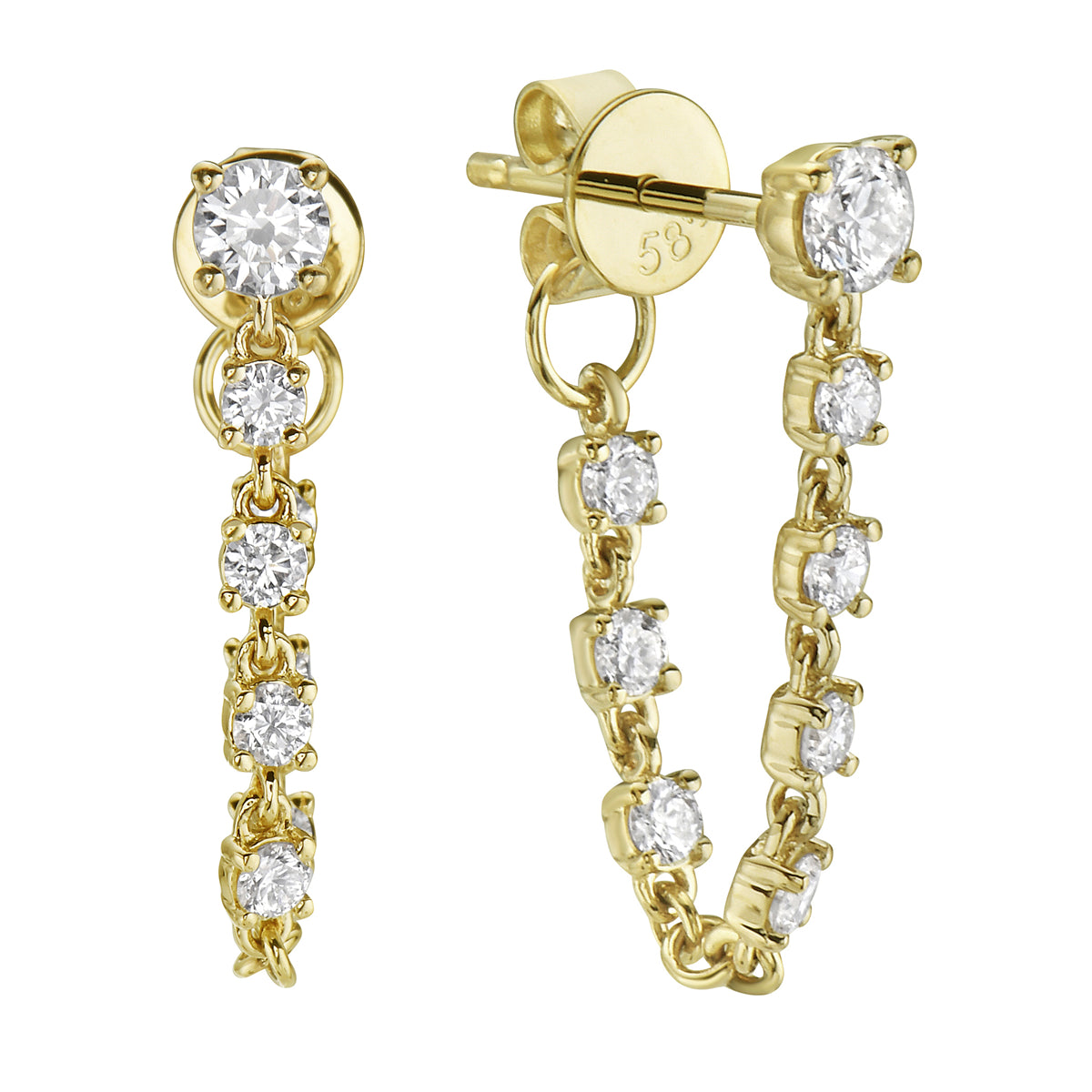 Yellow Gold Chain Hoop Dangle Diamond Earrings, 0.64ct